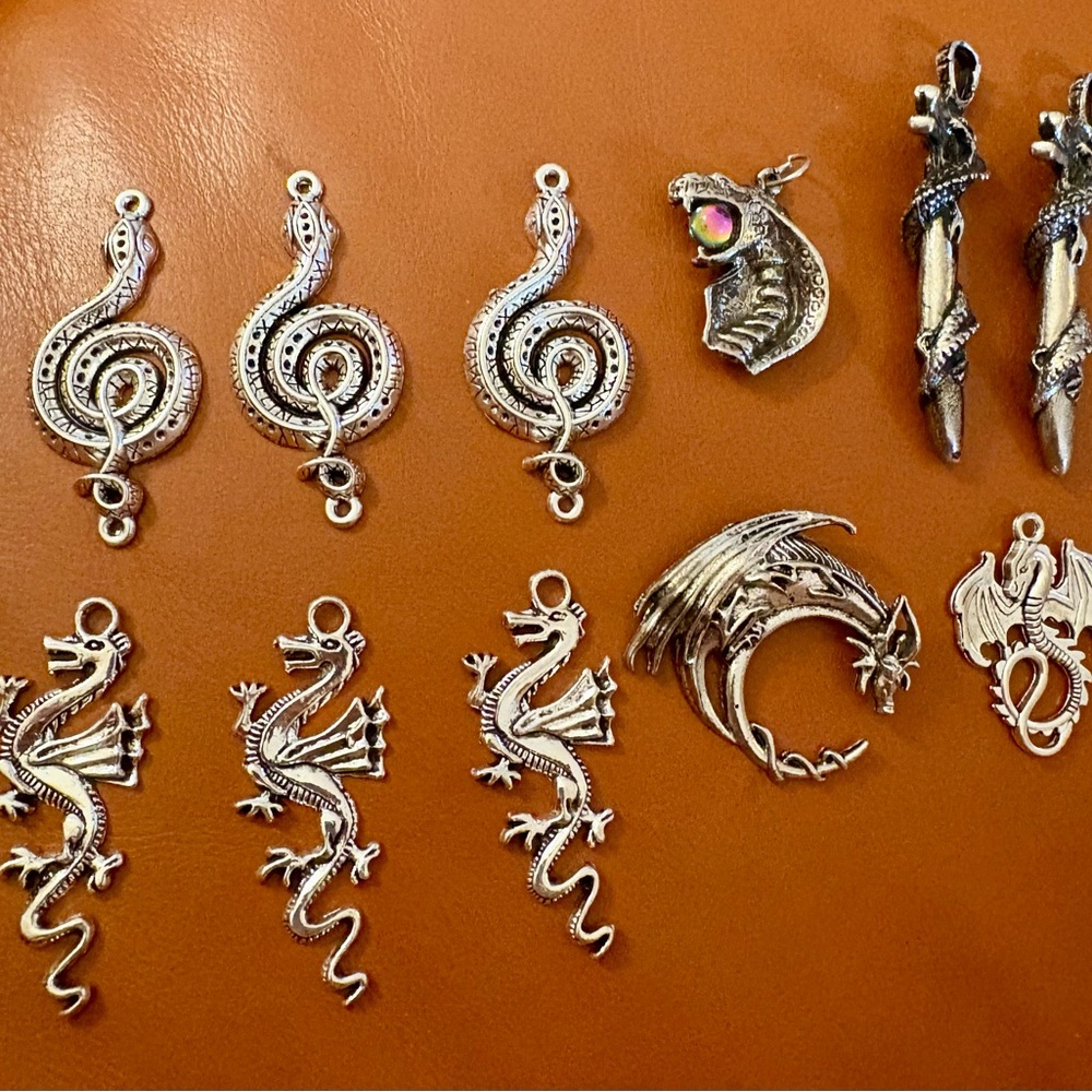 11 Antique Silver Dragon and Serpent Pendants Charms new